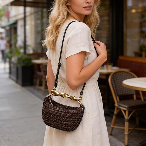 Mini borse a tracolla in paglia fatte a mano per donna, borsa estiva da spiaggia, borsetta a tracolla alla moda intrecciata con 2 tracolle