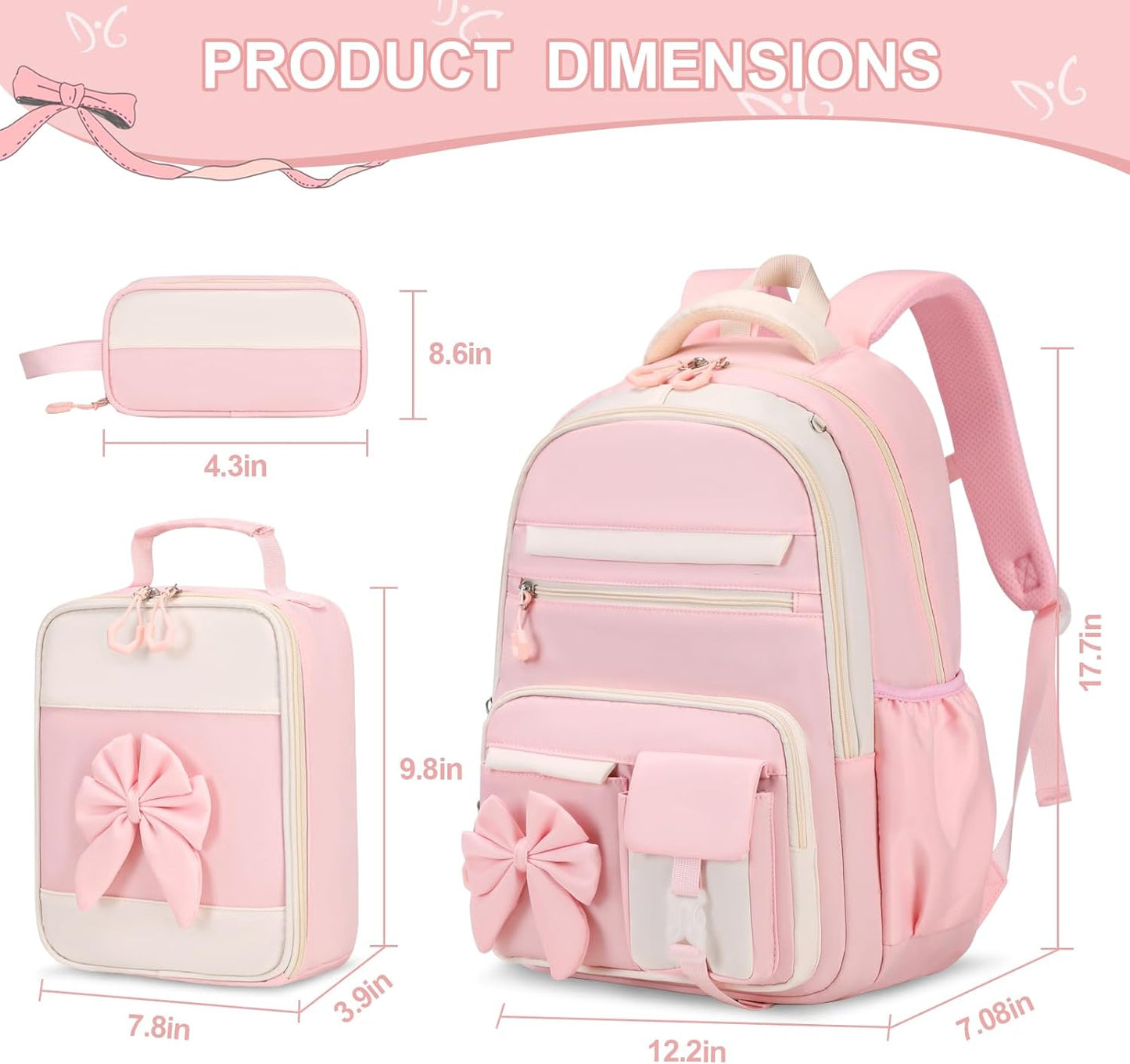 Zaino per ragazze, set di 3 zaini per la scuola con borsa per il pranzo e astuccio, grazioso zaino per bambini e ragazzi per asilo, scuola elementare, scuola materna e scuola media.