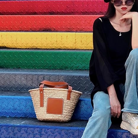 Borsa tote in paglia da donna con tracolla in pelle PU e manico superiore intrecciato, borse e borsette in paglia.