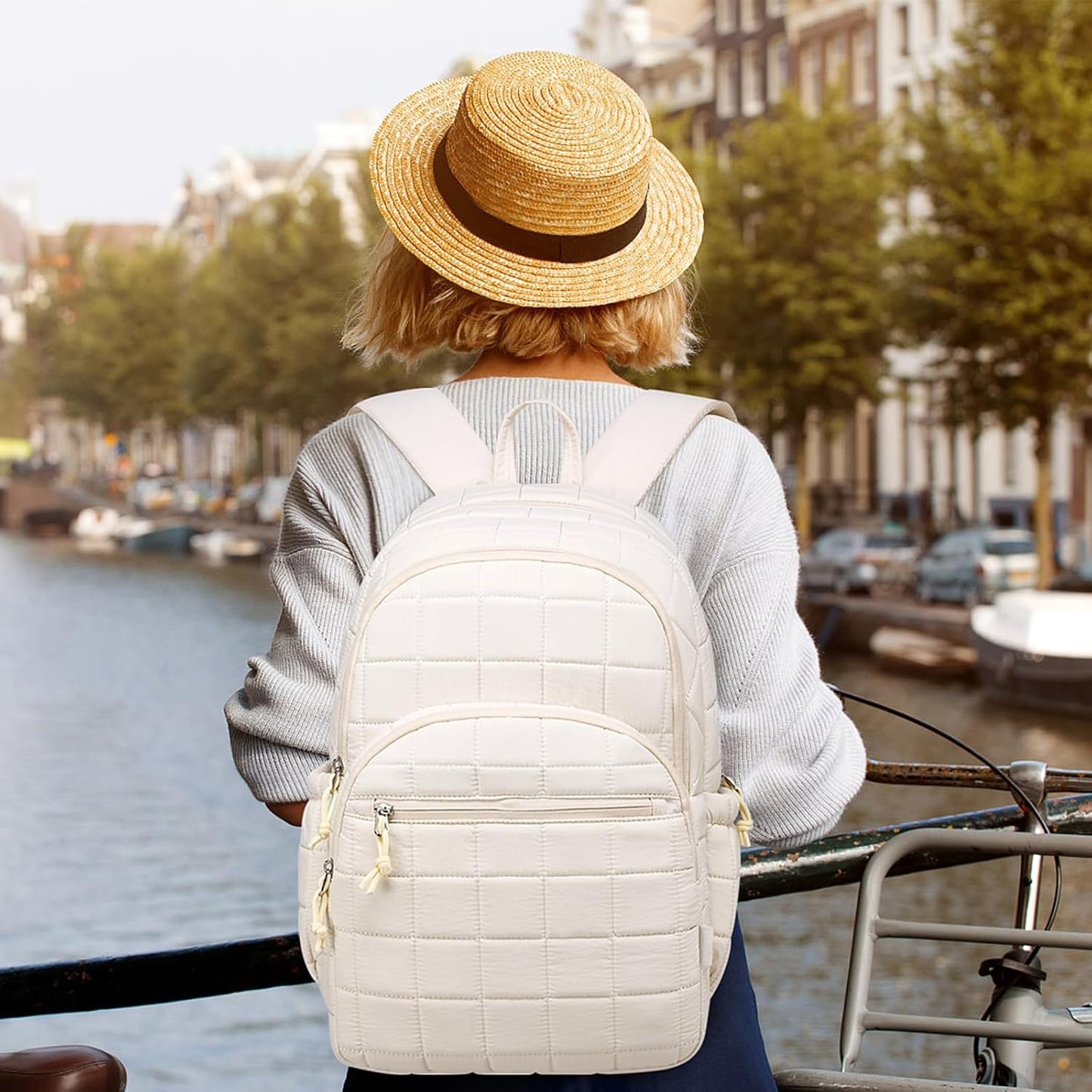Zaino da viaggio per donne, zaino trapuntato per la scuola, per ragazze adolescenti, Mochilas Mujer, beige