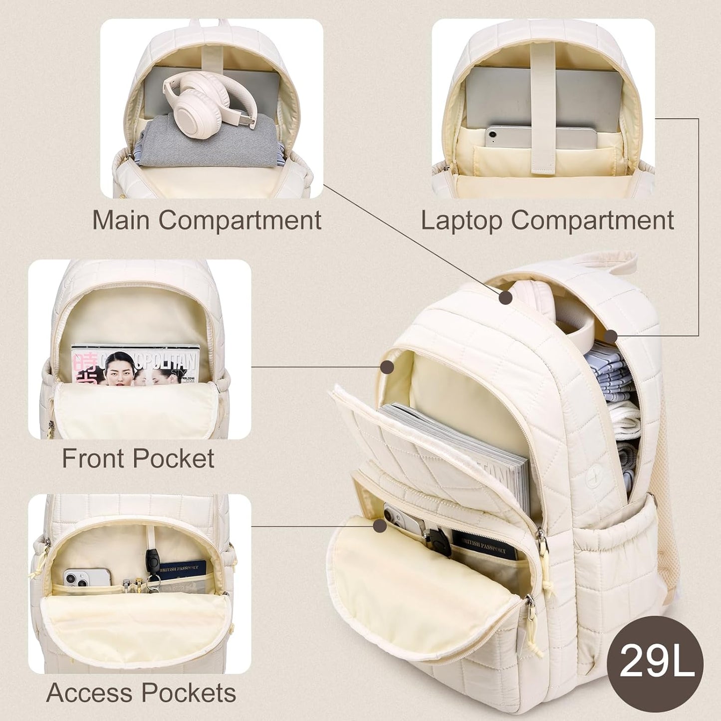 Zaino da viaggio per donne, zaino trapuntato per la scuola, per ragazze adolescenti, Mochilas Mujer, beige