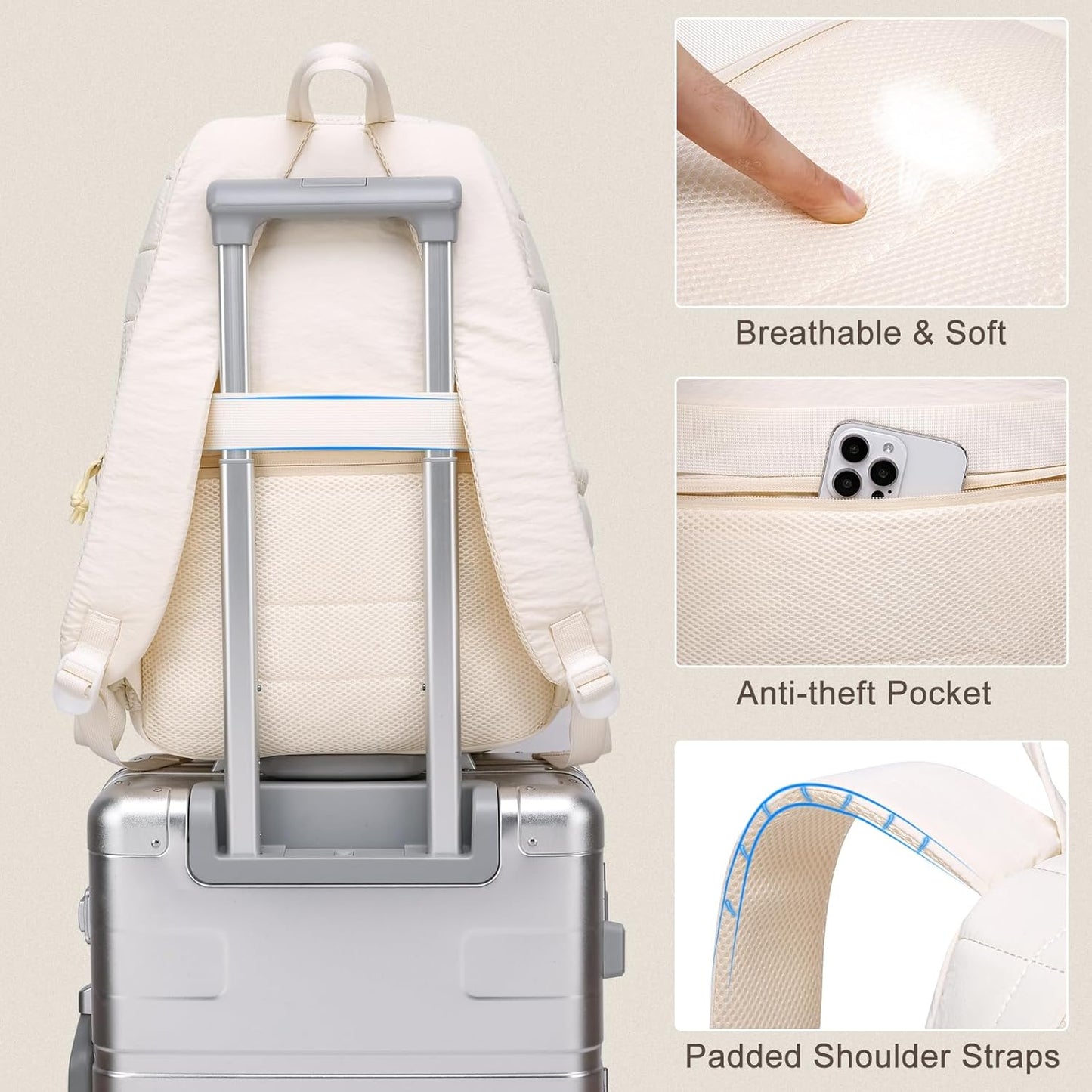 Zaino da viaggio per donne, zaino trapuntato per la scuola, per ragazze adolescenti, Mochilas Mujer, beige
