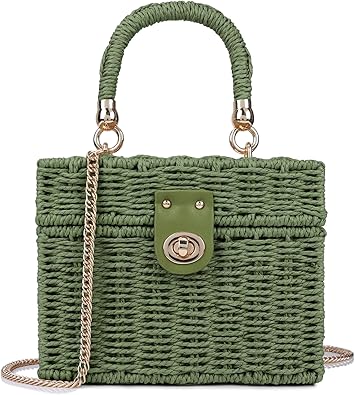 Borsa in rattan da donna, borsa a tracolla in vimini, borsa a spalla in paglia, borsa da spiaggia, borsa a mano con manico superiore e tracolla a catena.